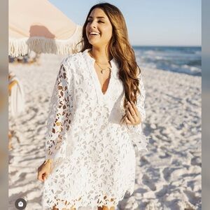 White Lace Beach Cover-Up Dress - Lightweight Women's V-Neck
